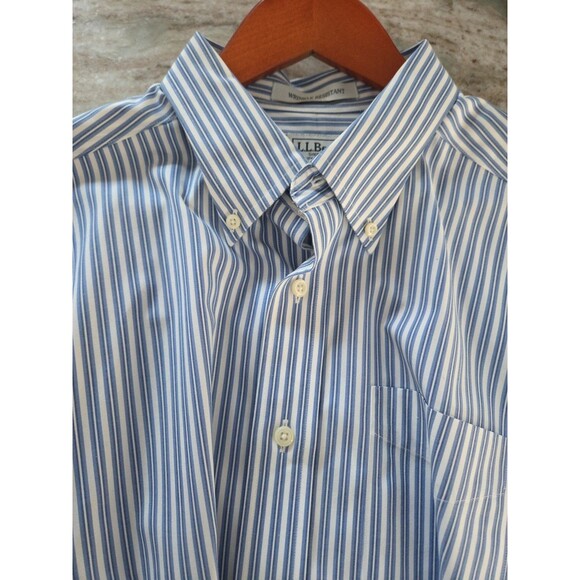 #55 LL Bean men's Large Regular blue white pinstripe wrinkle resistant button - Picture 4 of 4